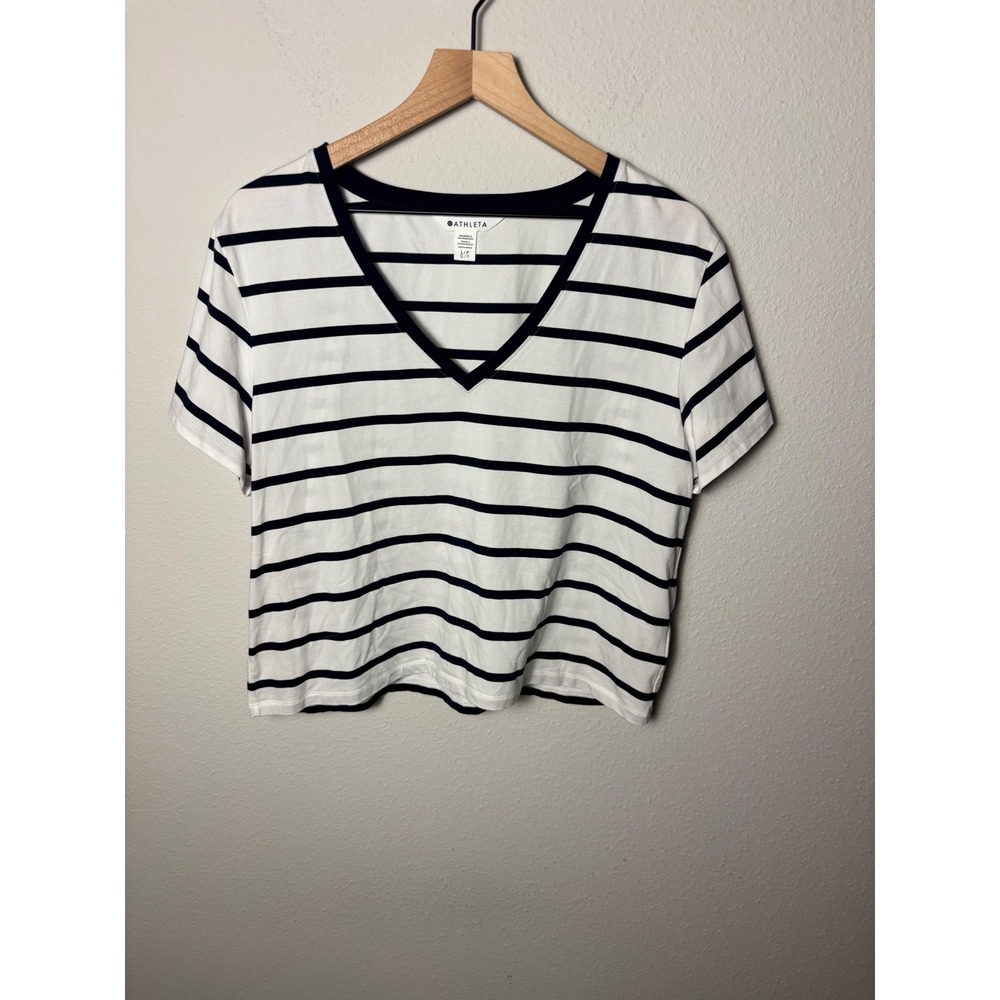 Athleta Essential V-Neck Tee Navy Stripe Large Petite L/P 413154